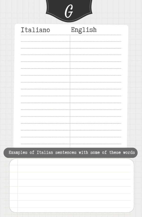 Interior of Italian Notebook with Words beginning with G