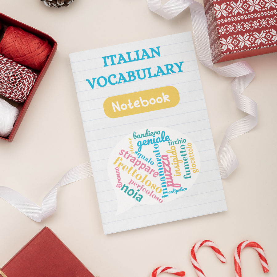 An Italian notebook as a Christmas presents next to Xmas decorations