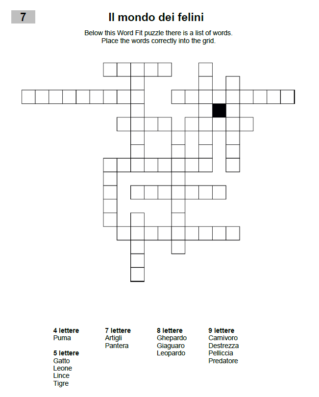 Italian Word Fit Puzzle on Felines