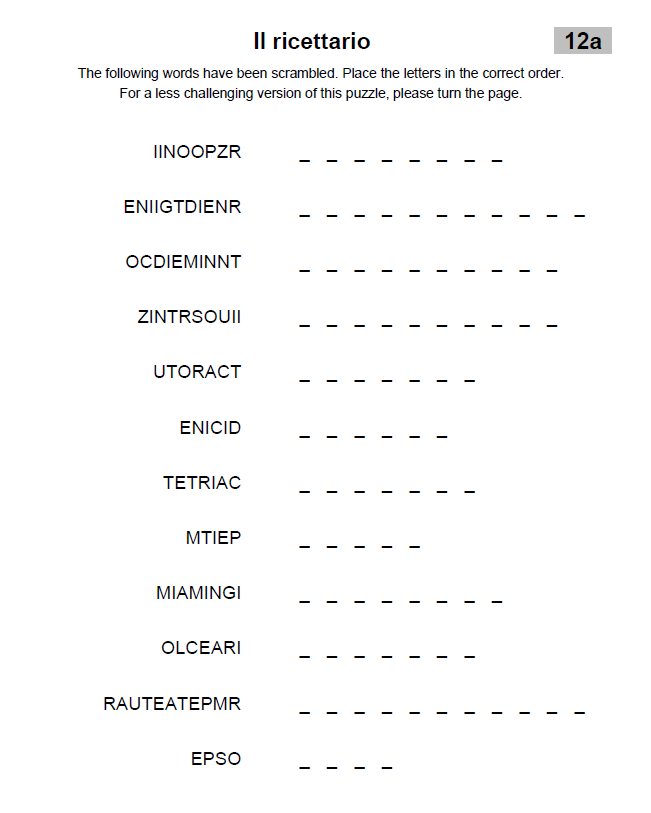 Italian Word Scramble Puzzle