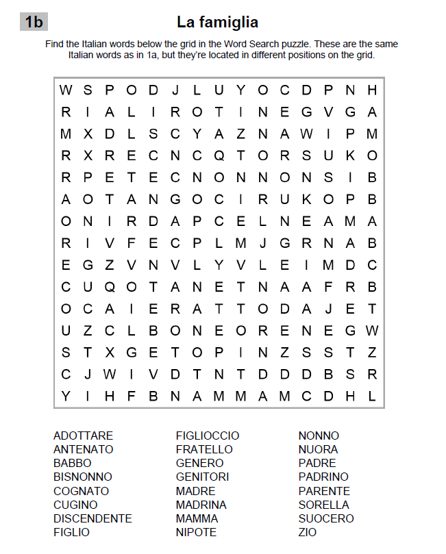 Italian word search puzzle